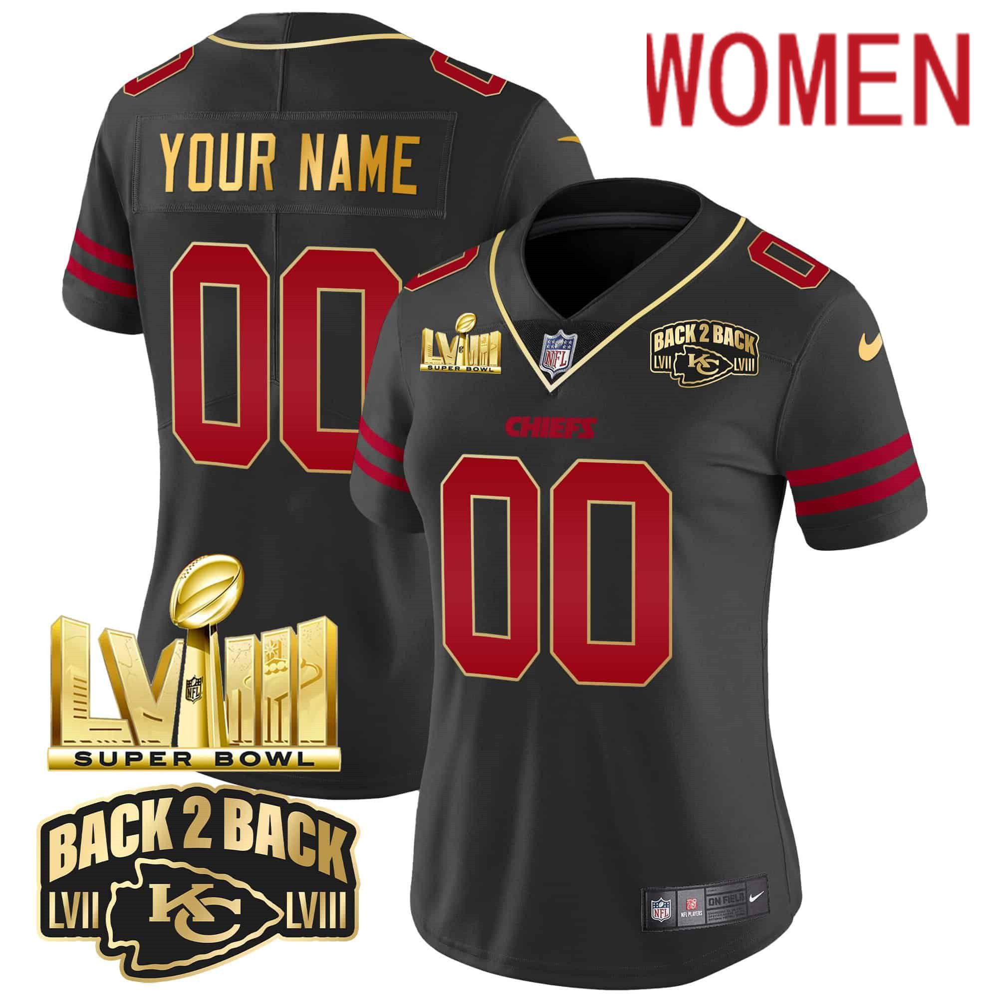 Women Kansas City Chiefs Black 2024 Nike Super Bowl LVIII & Back 2 Back Gold Patch Vapor Custom NFL Jersey style 1